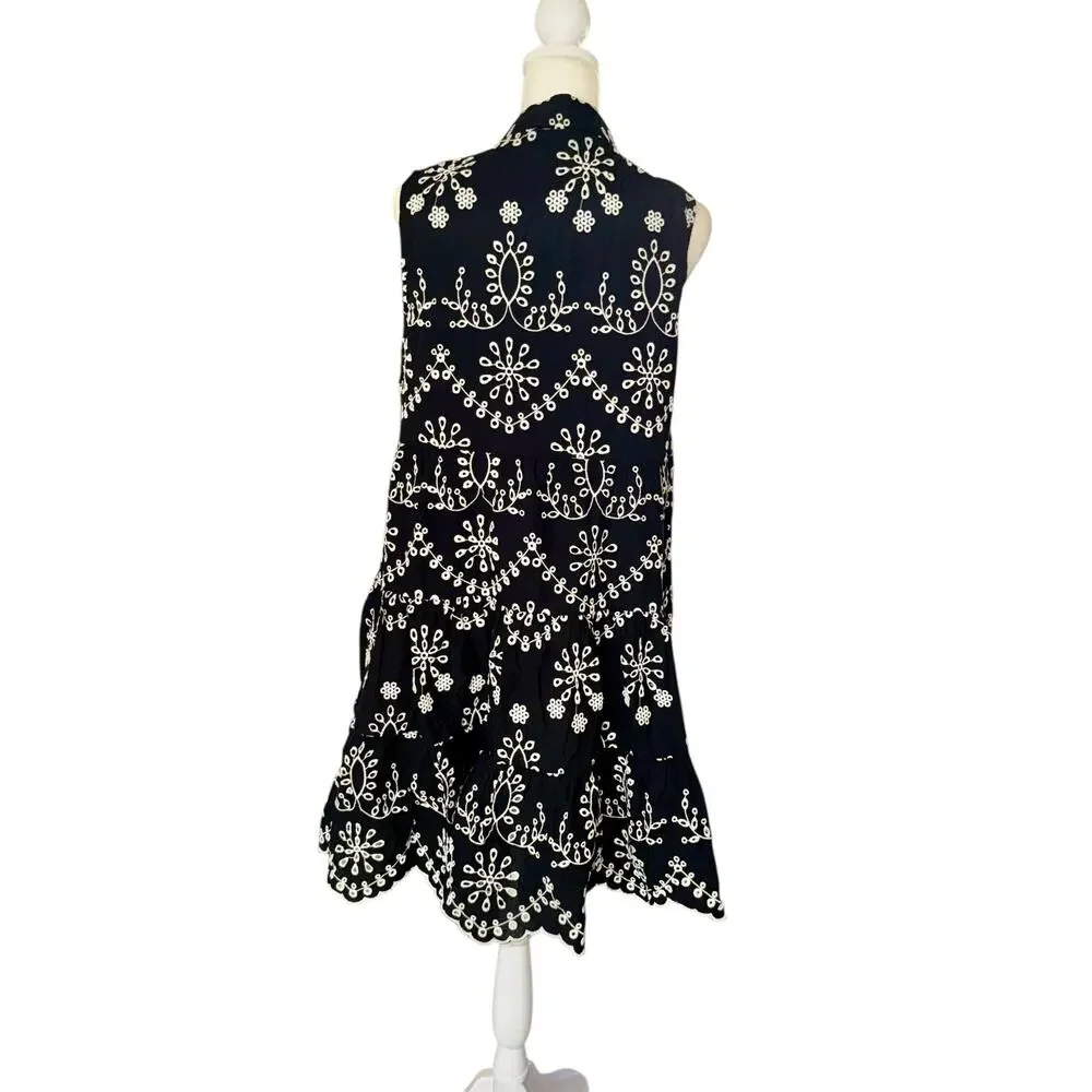 Karen Kane Black White Embroidered Cotton SleevelessDress Large Boho Cottagecore - Picture 3 of 9